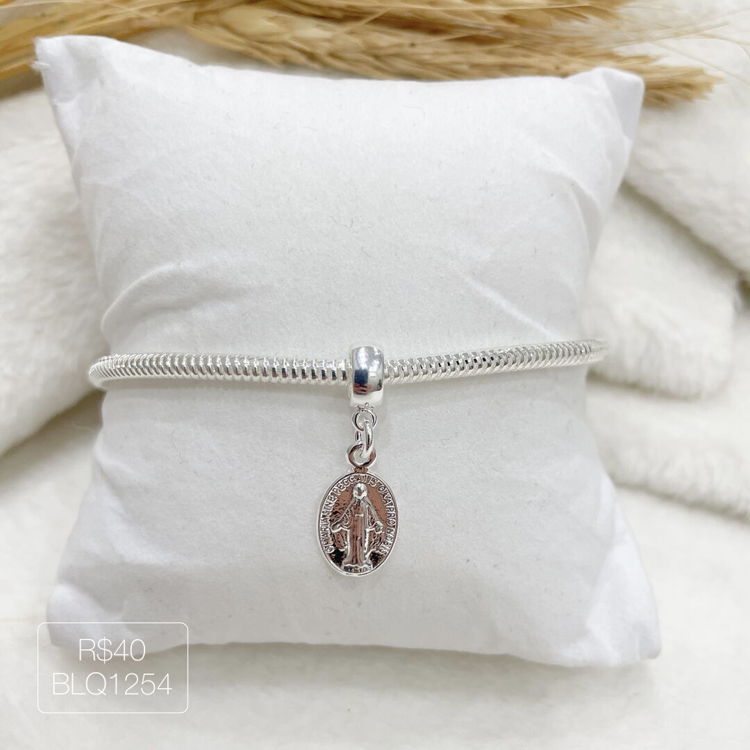 Berloque Medalha Milagrosa c/ N. S. Aparecida Pendurado Liso Prateado